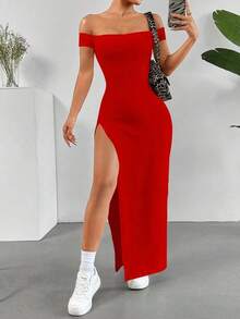 Vestido de verano para mujer con hombros descubiertos y abertura alta en unicolor - Rojo - Ver 7