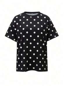 Camiseta casual de mujer  de cuello redondo holgado, camiseta de manga corta de ajuste ceñido con parches a rayas minimalista, adecuada para primavera/verano, ideal para el Día de San Valentín - Fondo negro con ondas blancas - Ver 3