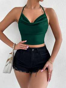 Top halter de cuello con fruncido de espalda abierta con cordón - Verde Oscuro - Ver 3