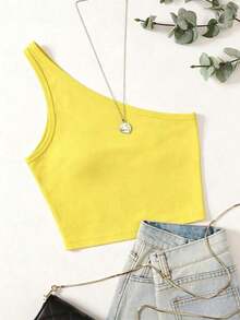 Top de hombro único femenino de unicolor y ajuste elegante y sencillo para el verano - Amarillo - Ver 6