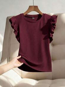 Top tejido de canalé de cuello redondo ribete con fruncido - Burdeos - Ver 1
