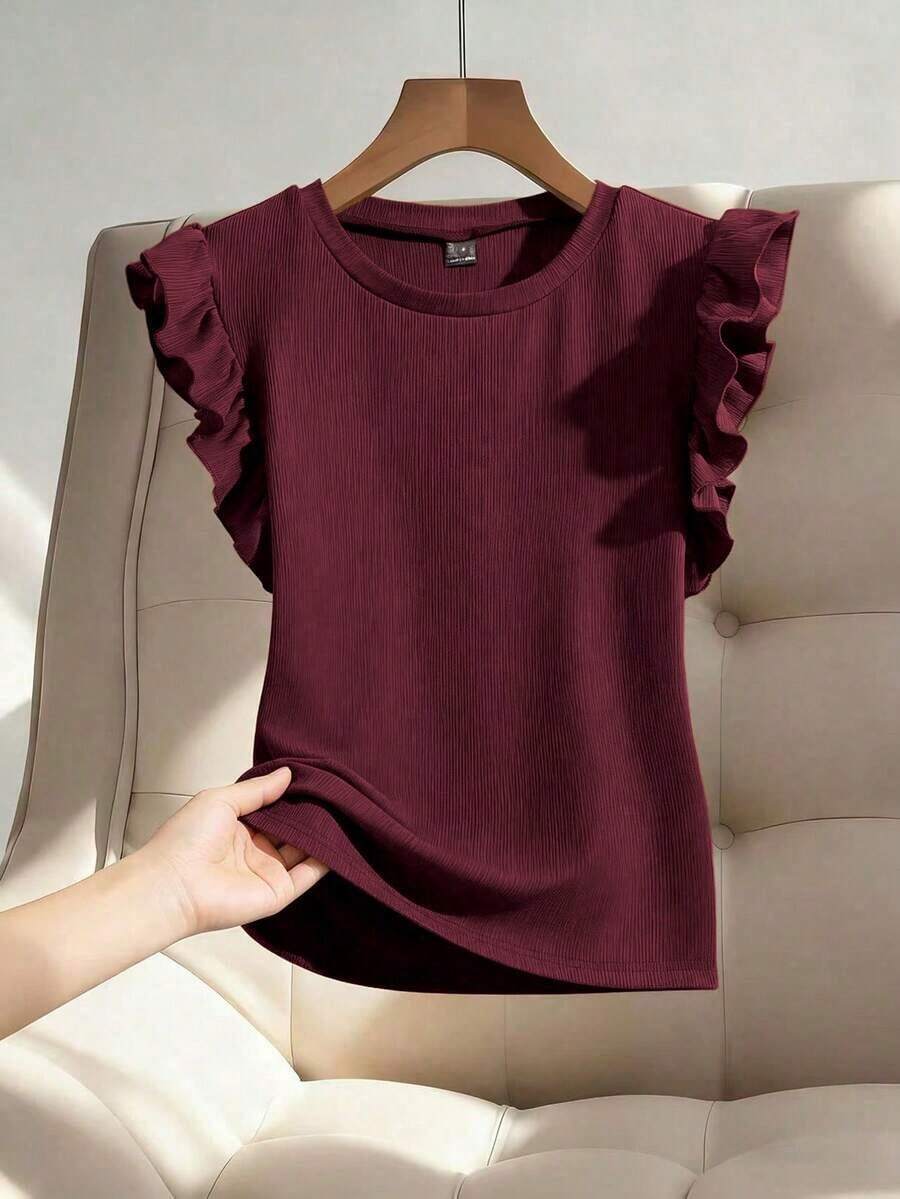 Top tejido de canalé de cuello redondo ribete con fruncido - Burdeos - Ver 1