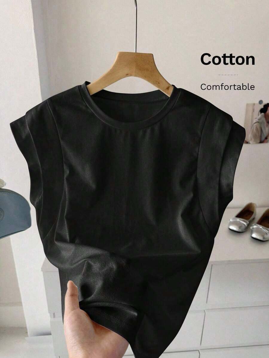 Camiseta sin mangas de mujer de cuello redondo blanca de doble capa con hombros anchos, adecuada para uso casual diario, primavera/verano - Negro - Ver 1
