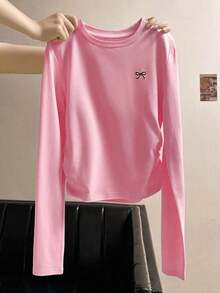 Camiseta casual de manga larga, cuello redondo, con estampado de lazo, color negro para mujer - Rosa - Ver 7