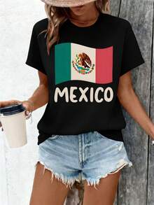 Talla Grande - Talla Grande - Nueva Camiseta de Verano para Mujer con el Diseño de la Bandera Mexicana, Manga Corta, Top Estampado Casual y Elegante para Damas Elegantes - Negro - Ver 1