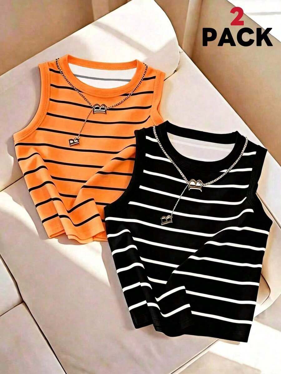 Conjunto de 2 piezas de camiseta de tirantes a rayas negras y blancas para mujer - Multicolor 3 - Ver 1