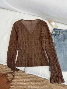 Blusa casual de mujer de manga acampanada con lazo, unicolor, top color burdeos, top rojo vino, top rojo oscuro, ropa estilo cottagecore, blusas rojas para mujer, casual - Marrón 2 - Ver 2