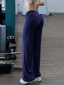 Pantalones casuales rectos y holgados de cintura elástica de unicolor para mujeres - Azul marino - Ver 5