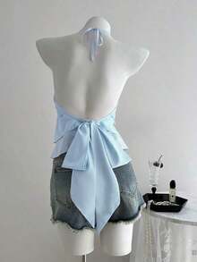 Blusa casual de mujer con cuello de volantes en capas de unicolor - Celeste - Ver 2