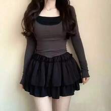 Cute And Flirty Summer Kawaii Mini Skirt, High Waist With Ruffles, Lolita Style, Y2K Party Dress, Sweet Korean Clothing For Women - 4SZD013-黑色 - 查看 2