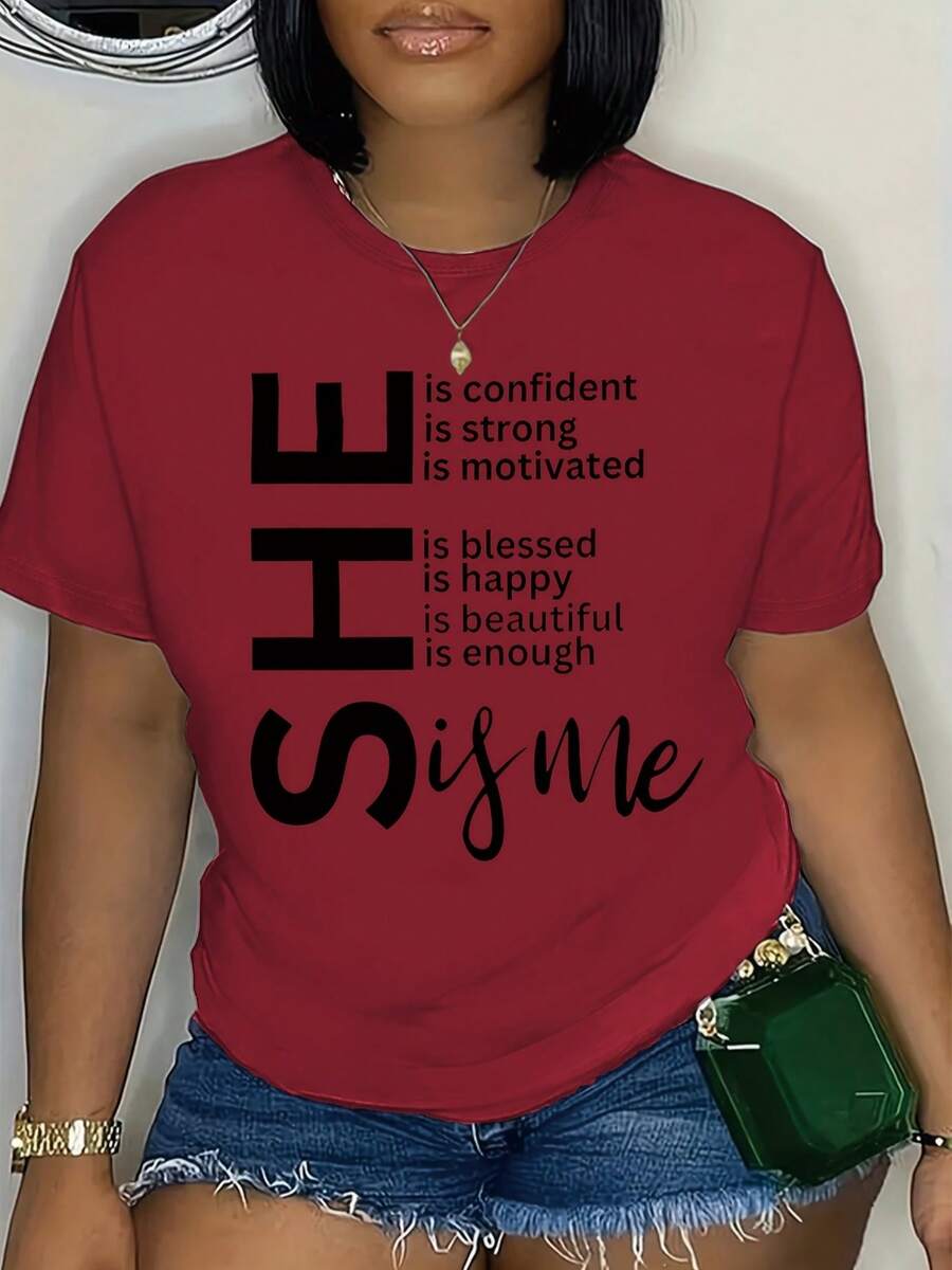 Camiseta estampada de cuello redondo en talla grande - Burdeos - Ver 1
