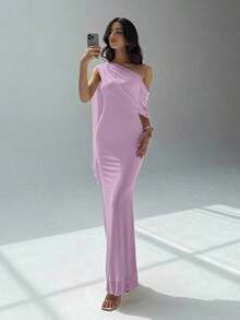 Vestido asimétrico de hombro de unicolor elegante para mujer - Lila Púrpura - Ver 5