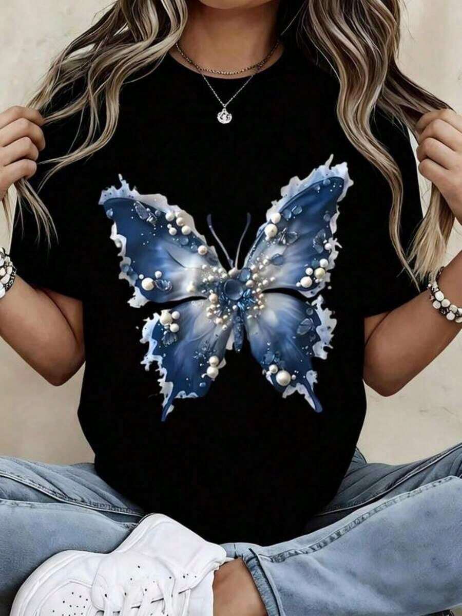 Camisetas Casuales para Mujer, Camiseta de Cuello Redondo para Mujer con Estampado de Mariposa Azul y Perlas, Manga Corta, Top Casual de Verano, Camiseta para Mujer, Estilo Y2K, Camisetas de Moda de Verano, Conjuntos y Tops Casuales de Streetwear. - Negro - Ver 1