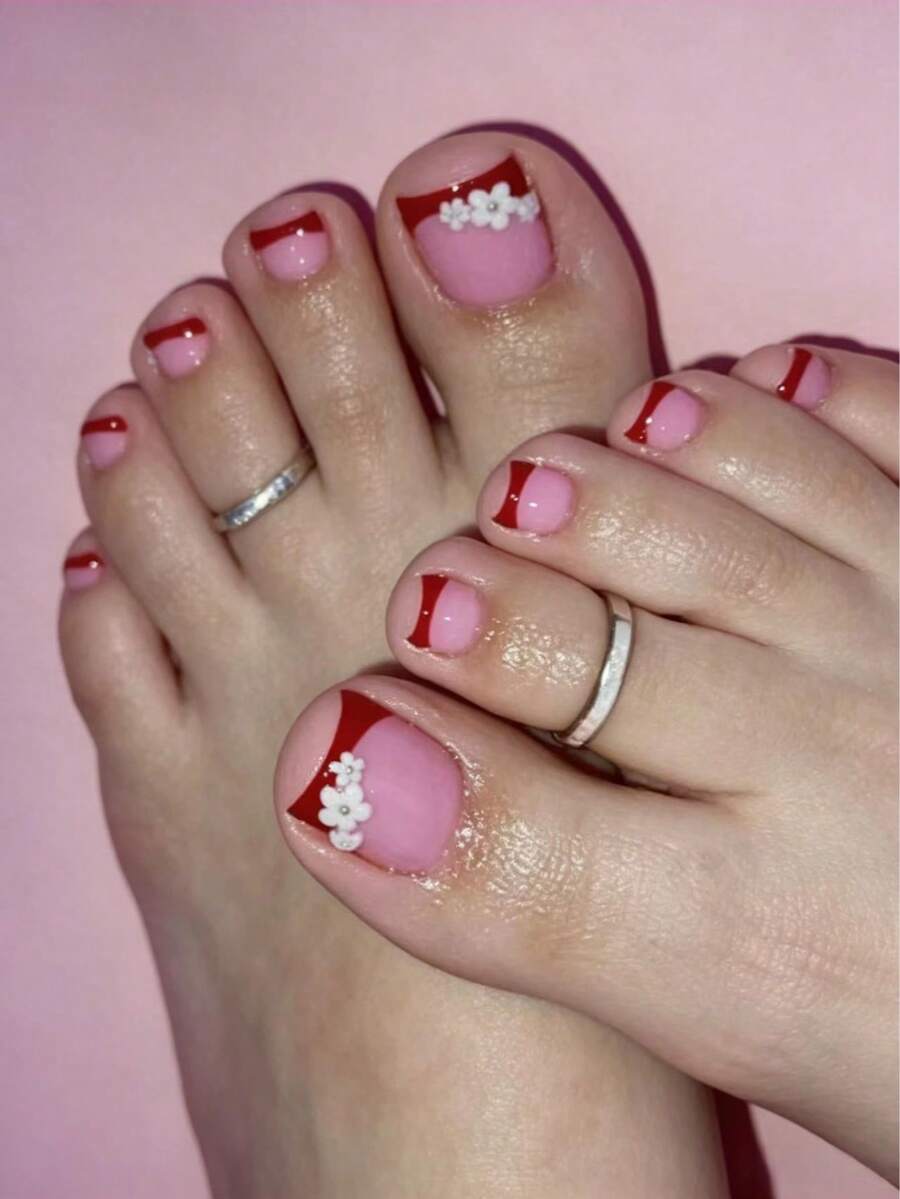 Upgrade Your Style, 24 Stück kurze quadratische Zehennägel, französisches glänzendes Full Cover Zehennagel Set mit 1 Stück Jelly Gel und 1 Stück Nagelfeile, geeignet für Party, Hochzeit, tägliche Nutzung - Rot - Übersicht 1