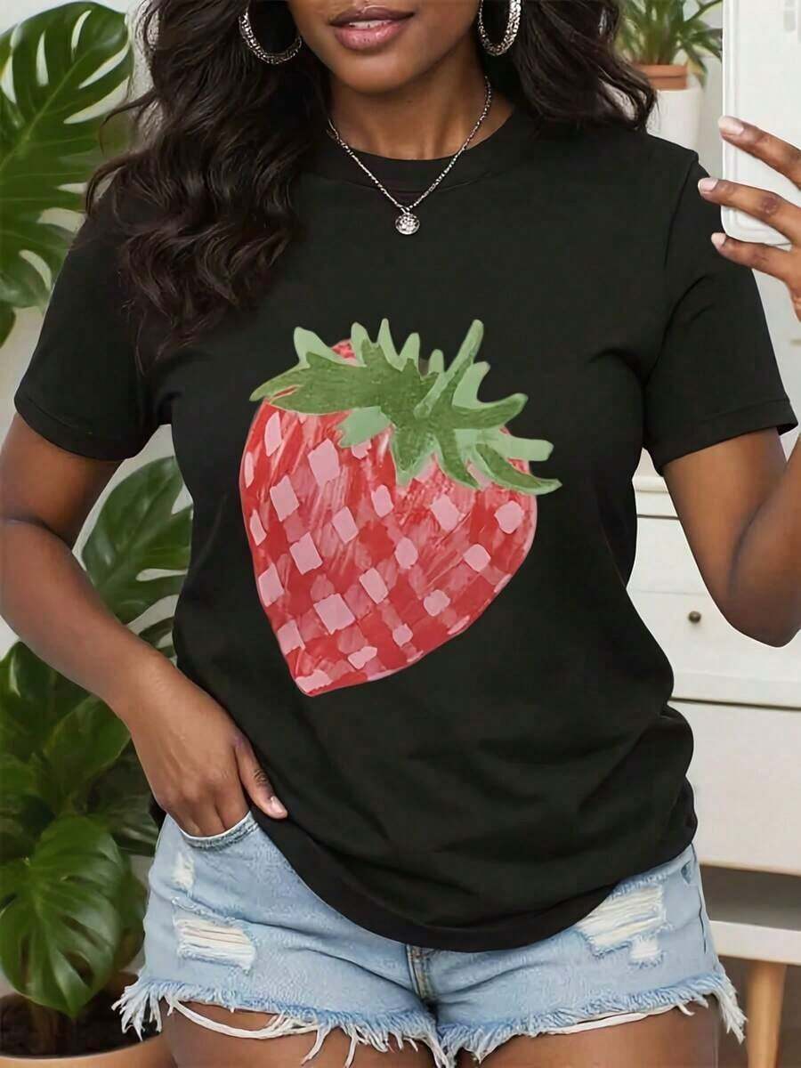 Casual Strawberry Print T-Shirt, Colorful Fruit T-Shirt, Fun Strawberry T-Shirt For Summer/Halloween, Cute Berry T-Shirt, Ideal Gifts For Grandma, Mother And Friends, 100% Cotton, Durable - 黑色 - 查看 1