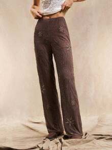 Pantalones rectos holgados de estilo bohemio con patrón de cuentas en color marrón para mujer, de verano - Marrón - Ver 5