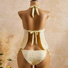 Traje de baño de encaje con cuello halter, tirantes ajustables, volantes, bikini de dos piezas que realza la figura, ideal para aguas termales. - Rosa Fucsia - Ver 3