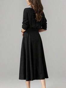 Vestido casual largo de unicolor para mujer con bolsillos y cintura con lazo, adecuado para boda, primavera, elegante, negro - Negro - Ver 4