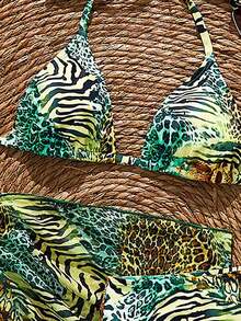 Conjunto de 3 piezas de traje de baño de bikini de unicolor y estilo sexy de halter para mujeres, conjunto de traje de baño, para vacaciones de verano en la playa - Verde 2 - Ver 5