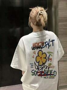 Camiseta de manga corta holgada con cuello redondo y estampado de letras, versátil, para mujer, ideal para primavera y verano. - Blanco - Ver 5