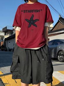 Y2K Women's Cartoon Starfish Graphic T-Shirt - White Short Sleeve "STARFISH" Print Tee, Loose Fit, Crew Neck, Casual And Versatile Design, Relaxed Fit | Playful Graphic Tee | Comfortable Fit - 酒紅色 - 查看 6