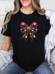 June Birthday Floral Print T-Shirt - Casual Top With Black Rose Print And Bow, Unisex, Round Neck, Short Sleeve, Breathable And Comfortable, Suitable For Spring, Summer And Autumn, Natural Style Design, Durable Printed T-Shirt, Wildflower Pattern, Soft Material, A Must-Have Fashion Item For Nature Lovers. - 黑色 - 查看 1