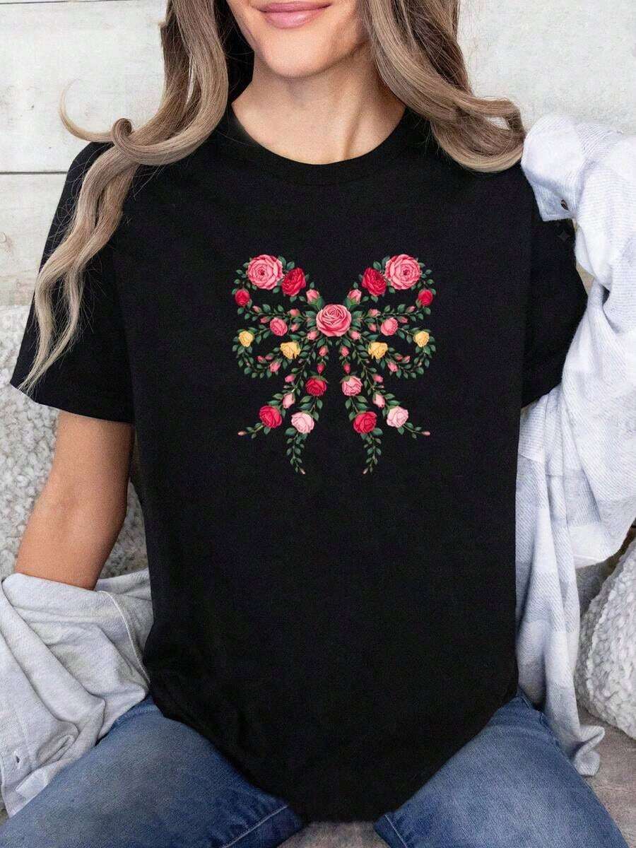 June Birthday Floral Print T-Shirt - Casual Top With Black Rose Print And Bow, Unisex, Round Neck, Short Sleeve, Breathable And Comfortable, Suitable For Spring, Summer And Autumn, Natural Style Design, Durable Printed T-Shirt, Wildflower Pattern, Soft Material, A Must-Have Fashion Item For Nature Lovers. - 黑色 - 查看 1