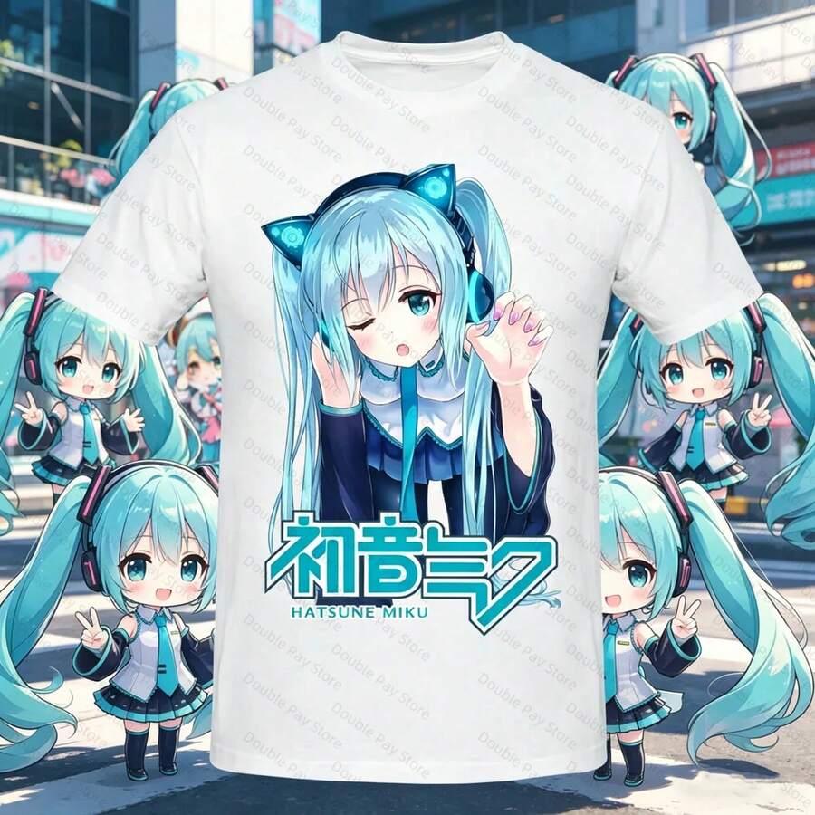 Camiseta de manga corta de algodón con cuello redondo y estampado de anime H1atsune M1iku. Camiseta holgada de estilo urbano 2026. Camiseta de manga corta de algodón puro de 220 g para hombres y mujeres. Tejido grueso, resistente a las arrugas y que no se deforma fácilmente. Estilo sencillo y versátil, ligero y transpirable, perfecto para ir al trabajo, viajar, acampar, ir de compras y para el tiempo libre diario. - Blanco - Ver 1