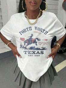 vintage Ropa de mujer, camiseta de mujer con estampado de caballero ecuestre de Texas Fort Worth, elegante, de manga corta, cuello redondo suave y cómodo, estampado moderno, versátil para primavera, verano y otoño, camiseta casual de mezclilla estilo western 100% algodón puro para mujer.  top playeras de mujer>basico - Blanco - Ver 1