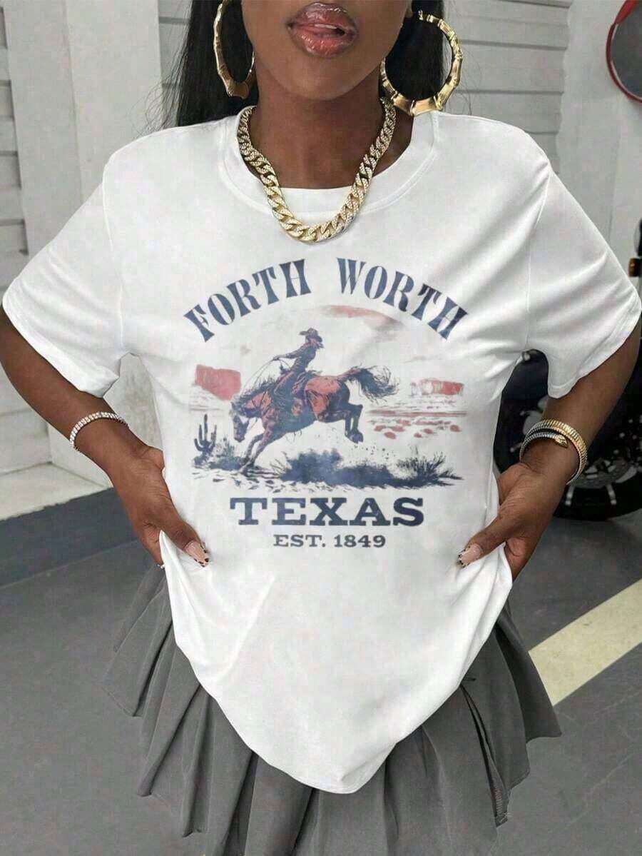 vintage Ropa de mujer, camiseta de mujer con estampado de caballero ecuestre de Texas Fort Worth, elegante, de manga corta, cuello redondo suave y cómodo, estampado moderno, versátil para primavera, verano y otoño, camiseta casual de mezclilla estilo western 100% algodón puro para mujer. top playeras de mujer>basico - Blanco - Ver 1