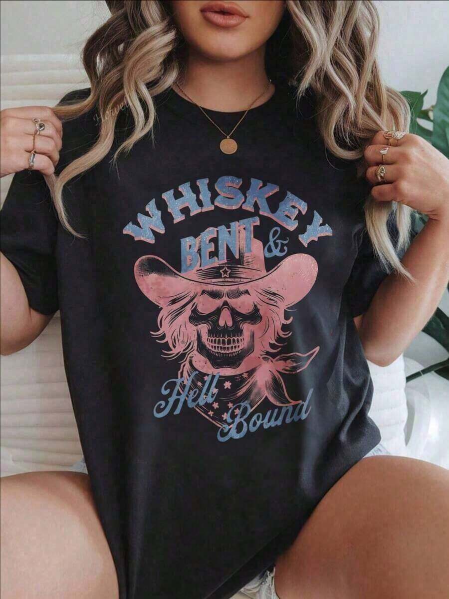 Camiseta Holgada Sencilla Mujer Estilo Moderno Ropa de Mujer, Sombrero de Vaquero con Diseño de Calavera Whiskey Bent And Bound, Camiseta Casual Estampada de Moda para Mujer, Adecuada para Todas las Temporadas, Camisa de Mujer Camiseta Mujer Estampado Gráfico Verano 2026 - Negro - Ver 1