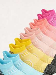 1/5 Pairs Women's Socks, Random Colors, Lightweight Geometric Pattern Contrast Color Mesh Breathable Sports Street Style Fashion Versatile Soft Comfortable Casual Daily Ankle Socks - Multicolor - View 6
