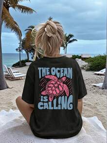 Y2K Style Summer Top, Retro Turtle Design T-Shirt, Cute And Fun, 90s Marine Motif T-Shirt, Cartoon Letter Design, Perfect Casual Wear For Women, Versatile And Comfortable, Suitable For Beach Vacation And Daily Wear. - 黑色 - 查看 3