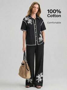 Ontre 2026SS Nueva blusa de verano para mujer, de tela tejida, con diseño de encaje, camisa negra bordada, estilo de vacaciones, cierre con botones, casual, elegante, urbano chic, versátil para el trabajo, vacaciones, playa, invitada de boda, fiesta, tela cómoda, corte holgado - Negro - Ver 5