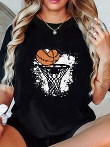 Women's Casual Basketball Print Sports T-Shirt, Short Sleeve, Round Neck, Comfortable For Summer, Elegant Party Outfit, T-Shirt For Elegant Ladies, Blouses Suitable For Curvy Women, Prom Skirts, Casual Wear, Adorable Animal Print, Fun Letter Print, Matches With Street Fashion - 黑色 - 查看 1