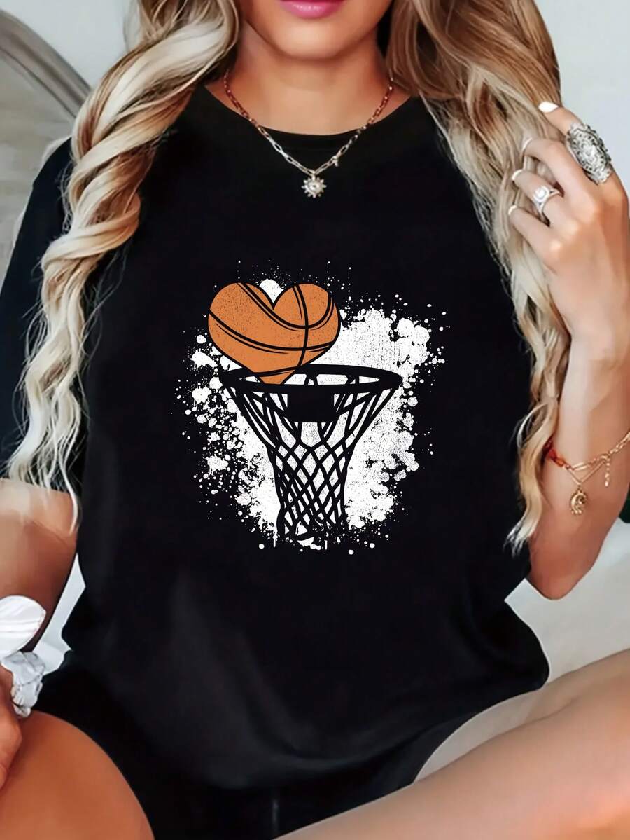 Women's Casual Basketball Print Sports T-Shirt, Short Sleeve, Round Neck, Comfortable For Summer, Elegant Party Outfit, T-Shirt For Elegant Ladies, Blouses Suitable For Curvy Women, Prom Skirts, Casual Wear, Adorable Animal Print, Fun Letter Print, Matches With Street Fashion - 黑色 - 查看 1