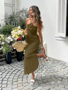 YHHSylviya Vestido maxi con abertura y estampado floral 3D en escote halter, vestido de verano de color amarillo mantequilla para mujer, atuendos de verano, atuendos de vacaciones, atuendos de playa, vestidos de graduación, ropa de verano, vestidos de vacaciones, vestidos de playa, ropa de vacaciones, estilo bohemio, atuendos para salir, vacacionesYHH - Cafetería - Ver 3