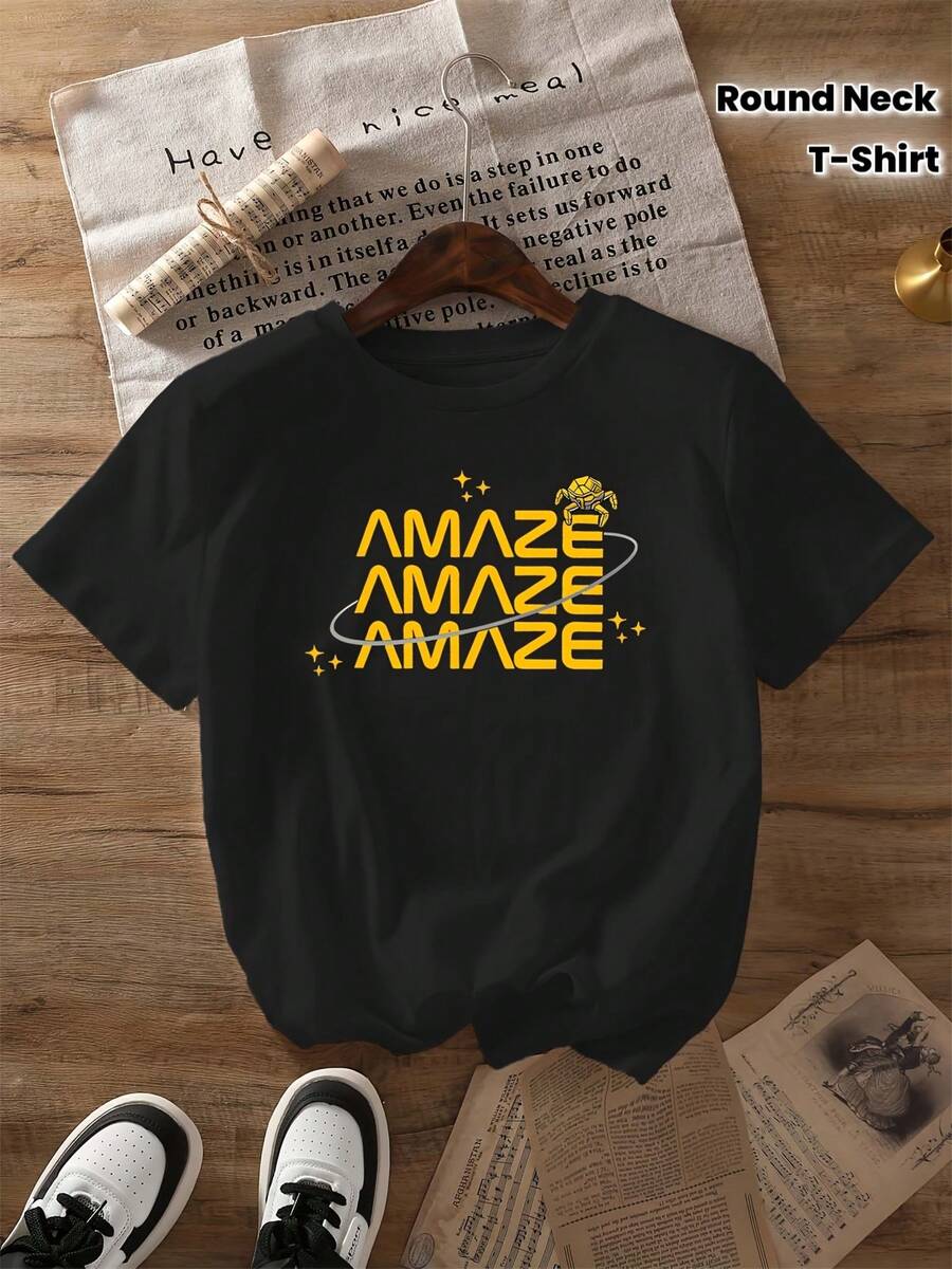 1 pieza de impresionante camiseta estampada, top casual de manga corta y cuello redondo, estilo primavera/verano, ropa de mujer, 180g 100% algodón. - Negro - Ver 1