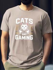 Playera de manga corta con estampado de patrón de gato de caricatura sosteniendo un controlador de videojuegos para hombres, cuello redondo casual, cómoda, versátil y ligera ropa de verano para uso diario - Negro - Ver 9