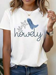 100% Cotton. Women's/Men's Summer T-Shirt, Western Cowboy Style With Cowboy Boot And Starfish Print, Casual Short-Sleeve Crew Neck T-Shirt For Women, For Everyday Wear, Casual Outings, Holiday Gift. Simple Solid Color Women's T-Shirt, Loose And Fitted Cut, Casual Short-Sleeve - 白色的 - 查看 7