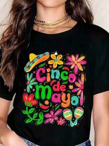 Camiseta de mujer de algodón puro con estampado floral estilo macaron mexicano vintage, cuello redondo, manga corta, estilo casual, ideal para regalos de cumpleaños y días festivos, uso en todas las estaciones, ropa diaria para actividades al aire libre para entusiastas de la cultura mexicana. - Negro - Ver 1