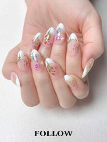 10pcs Handmade Short Almond-Shaped Nail Stickers, Elegant Nude French Manicure Style With Floral Pattern, Suitable For Women's Daily Commute, Party And Office Attire, Reusable Nail Art Set With Manicure Tools - Multicolor - View 3