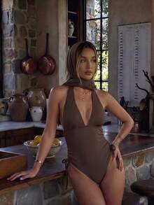 Elegante y sexy traje de baño de una pieza con escote en V en color marrón para mujeres, blanco, casual para primavera/verano, moda para fiestas en la playa o la piscina, traje de baño para vacaciones - Rosa - Ver 11