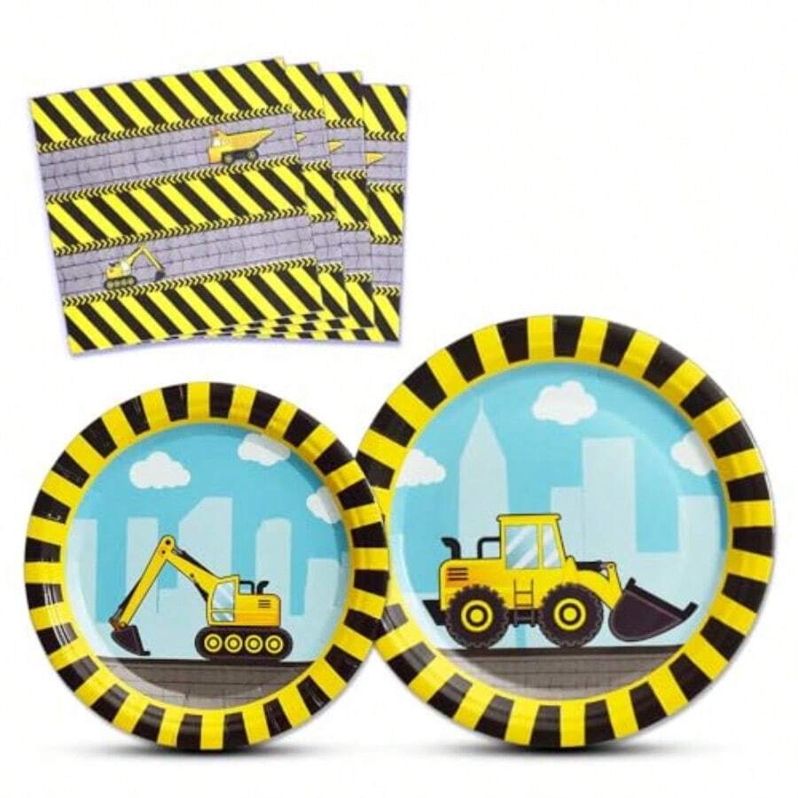 WERNNSAI Construction Party Supplies - 48PCS Disposable Dump Truck Themed Tableware Set for Boys Birthday Dinner Dessert Plates and Napkins Serves 16 Guests - Amarillo - Ver 1