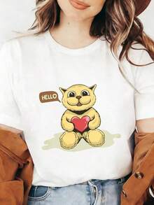 1 pieza, camiseta de manga corta de algodón puro clásica y versátil, adecuada para usar en cualquier estación. Dise?o adorable de corazón de gato con el mensaje Hola para mujeres, estilo moderno - Blanco - Ver 1