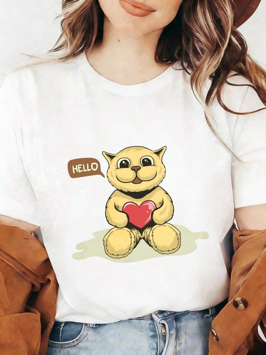 1 pieza, camiseta de manga corta de algodón puro clásica y versátil, adecuada para usar en cualquier estación. Dise?o adorable de corazón de gato con el mensaje Hola para mujeres, estilo moderno - Blanco - Ver 1