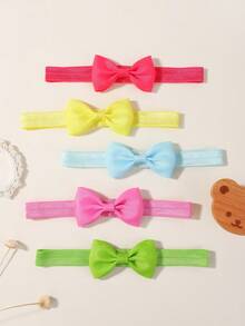 5pcs Solid Color Bowknot Children's Elastic Hair Bands, Macaron Colors Set - Hot Pink - View 3