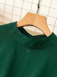 Vestido de verano para mujer de unicolor con mangas cortas, cuello alto, cintura plisada, para vacaciones y playa - Verde - Ver 3