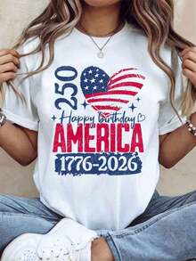 Independence Day Celebration T-Shirt "250 Happy Birthday America 1776 2026" With Patriotic US Flag And Heart Design, Unisex For Men And Women, Casual 4th Of July Party Wear, 220g - 白色 - 查看 1