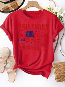 Women's Short-Sleeved T-Shirt With Round Neck, Featuring A Print Commemorating The 250th Anniversary Of 1776, Machine Washable, Spring/Summer T-Shirt, Fun Design, Comfortable Fit, Commemorative T-Shirt For The 250th Anniversary Of The United States. - 紅色 - 查看 6